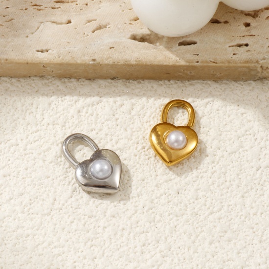 Immagine di 2 Pz Placcatura Sottovuoto PVD Ecologica 304 Acciaio Inossidabile San Valentino Ciondoli Multicolore Cuore Serratura Perla Imitato Acrilico 19mm x 12mm