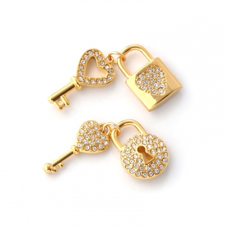Picture of Eco-friendly PVD Vacuum Plating 304 Stainless Steel Charms 18K Real Gold Plated Lock & Key Heart Micro Pave
