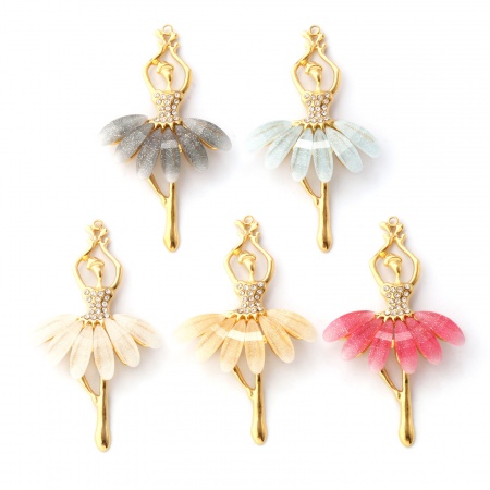 Picture of Eco-friendly PVD Vacuum Plating 304 Stainless Steel & Acrylic Pendants 18K Real Gold Plated Ballerina Glitter Clear Cubic Zirconia 4.9cm x 2.9cm