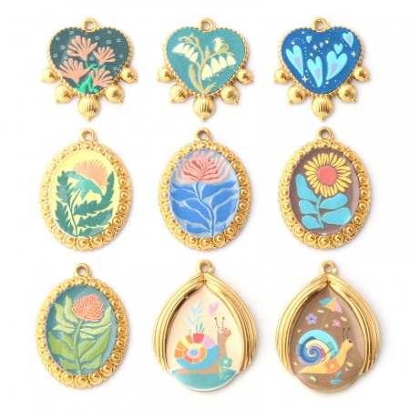 Picture of Eco-friendly PVD Vacuum Plating 304 Stainless Steel Pendants 18K Real Gold Plated Multicolor Flower Snail Printed