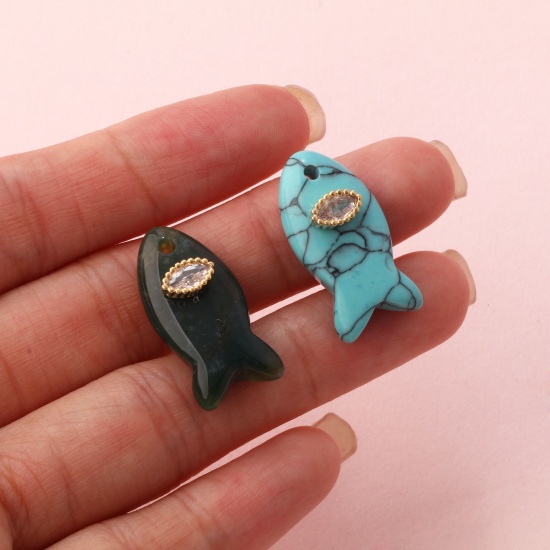 Immagine di 1 Pz Ottone & Gemma Gioielli Oceanici Ciondoli Oro Placcato Pesce Trasparente Strass 23mm x 12mm