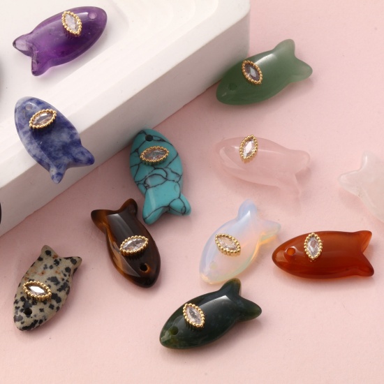 Immagine di 1 Pz Ottone & Gemma Gioielli Oceanici Ciondoli Oro Placcato Pesce Trasparente Strass 23mm x 12mm