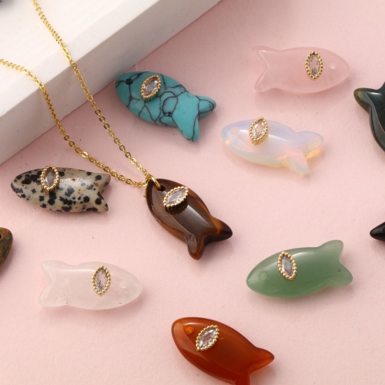 Immagine di 1 Pz Ottone & Gemma Gioielli Oceanici Ciondoli Oro Placcato Pesce Trasparente Strass 23mm x 12mm