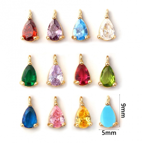 Immagine di 5 PCs Brass & Cubic Zirconia Birthstone Charms 18K Gold Plated Drop Mini 9mm x 5mm