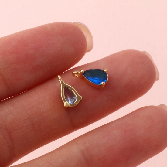 Immagine di 5 PCs Brass & Cubic Zirconia Birthstone Charms 18K Gold Plated Drop Mini 9mm x 5mm