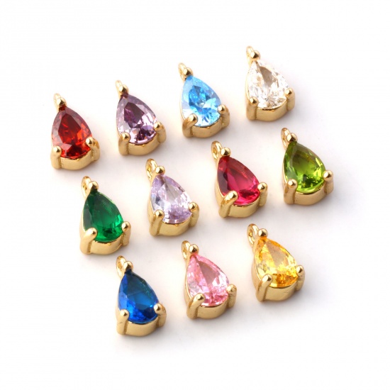 Immagine di 5 PCs Brass & Cubic Zirconia Birthstone Charms 18K Gold Plated Drop Mini 9mm x 5mm