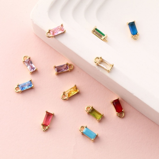 Immagine di 5 Pz Ottone + Zircone Cubico Pietre Nascita Ciondoli Placcato Oro 18K Rettangolo Mini 9mm x 4mm