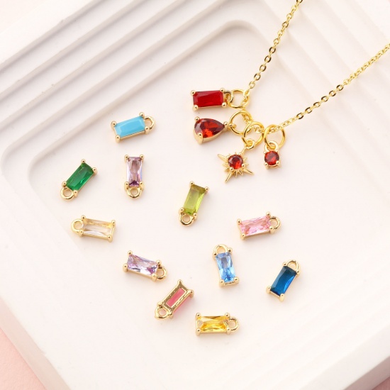 Immagine di 5 Pz Ottone + Zircone Cubico Pietre Nascita Ciondoli Placcato Oro 18K Rettangolo Mini 9mm x 4mm