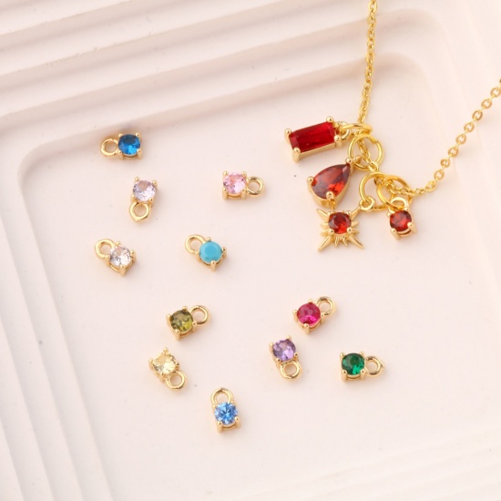 Immagine di 5 Pz Ottone + Zircone Cubico Pietre Nascita Ciondoli Placcato Oro 18K Tondo Mini 6mm x 3mm