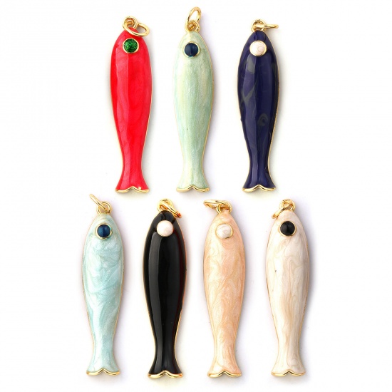 Immagine di 1 Pz Ecologico Ottone Gioielli Oceanici Ciondoli Pendenti 18K Vero Oro Placcato Smalto Pesce 3.7cm x 0.8cm