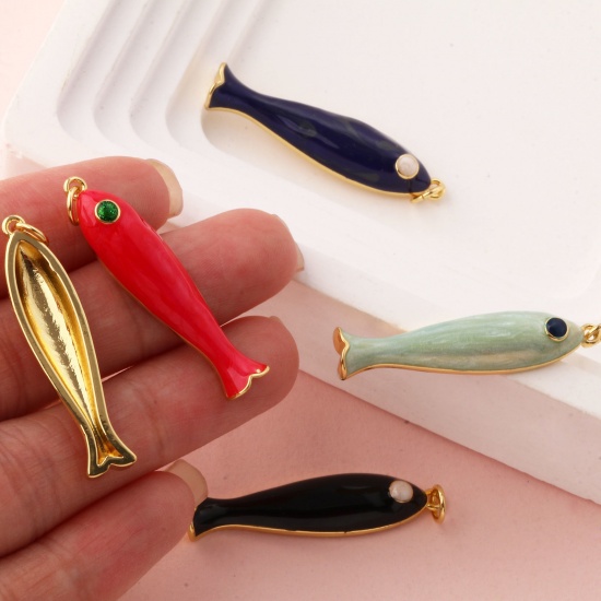 Immagine di 1 Pz Ecologico Ottone Gioielli Oceanici Ciondoli Pendenti 18K Vero Oro Placcato Smalto Pesce 3.7cm x 0.8cm