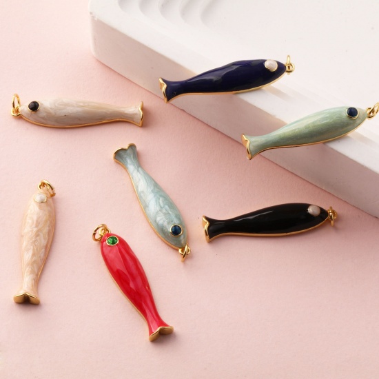 Immagine di 1 Pz Ecologico Ottone Gioielli Oceanici Ciondoli Pendenti 18K Vero Oro Placcato Smalto Pesce 3.7cm x 0.8cm