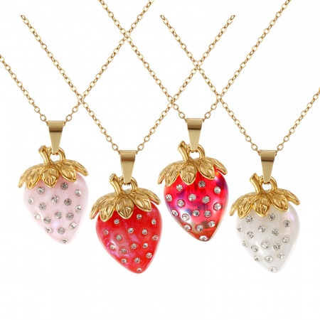 Imagen de Fresas 3D Transparente Rhinestone Collar con Colgante Al Por Mayor, 18K Oro Real Chapado 304 Acero Inoxidable & Resina Cadena de Cable Cruz, Mujeres Recubrimiento al Vacío PVD Ecológico Exquisito Dulce & Lindo Regalo Joyería Para Minorista, 45cm + 5cm longitud, 1 Unidad