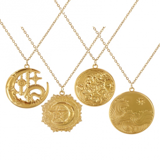 Image de Collier à Breloques Plaqué Or Véritable 18K en 304 Acier Inoxydable Pour Femmes, Chaîne Maille Forçat 45cm + 5cm, Galaxie Vintage Cadeau, Revêtement sous Vide PVD Respectueux de l'Environnement, 1 Pièce