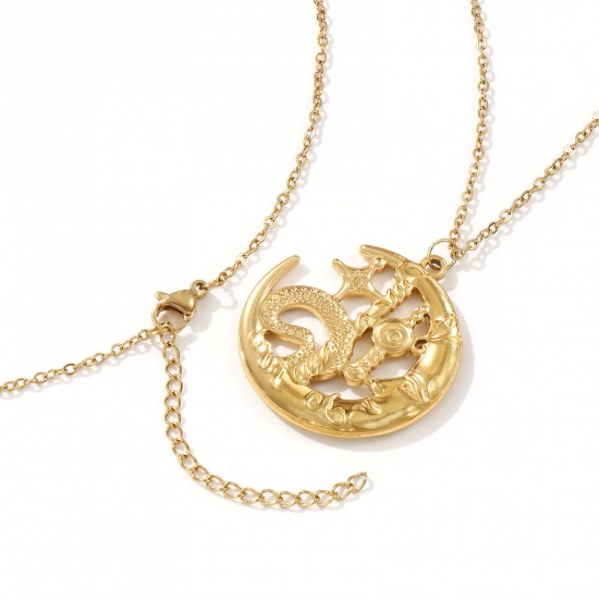 Image de Collier à Breloques Plaqué Or Véritable 18K en 304 Acier Inoxydable Pour Femmes, Chaîne Maille Forçat 45cm + 5cm, Galaxie Vintage Cadeau, Revêtement sous Vide PVD Respectueux de l'Environnement, 1 Pièce