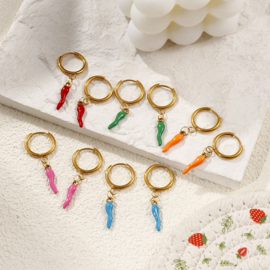 Immagine di 1 Paio Placcatura Sottovuoto PVD Ecologica Elegante Squisito 18K Vero Oro Placcato 304 Acciaio Inossidabile Peperone Smalto Orecchini Circolari Per Donne Regalo 3.9cm x 1.6cm, Posta / Filo Dimensione: 1mm(18 misura)