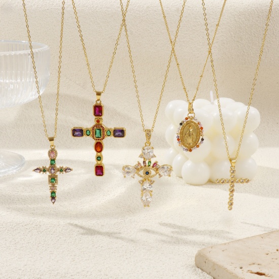 Immagine di 18K Real Gold Plated Cross Pendant Charm Necklace, Brass For Women, Retro Religious Gift, Eco-friendly, 1 Piece