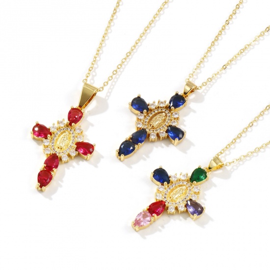 Immagine di 18K Real Gold Plated Link Cable Chain Cross Pendant Charm Necklace, Brass & Cubic Zirconia 46cm(18.1") + 6cm(2.4"), For Women, Virgin Mary Micro Pave, Retro Religious Gift, Eco-friendly, 1 Piece