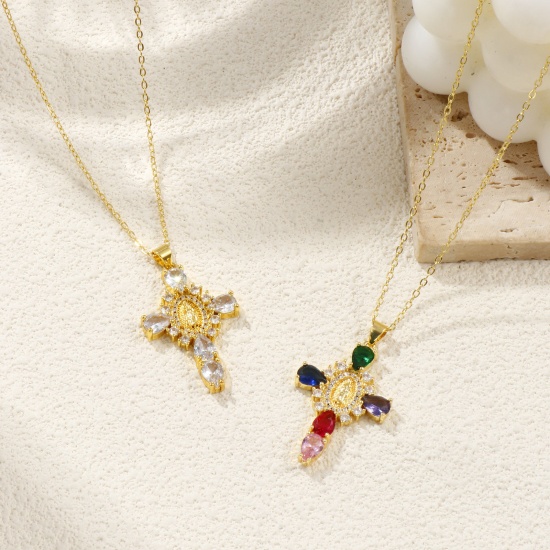 Immagine di 18K Real Gold Plated Link Cable Chain Cross Pendant Charm Necklace, Brass & Cubic Zirconia 46cm(18.1") + 6cm(2.4"), For Women, Virgin Mary Micro Pave, Retro Religious Gift, Eco-friendly, 1 Piece