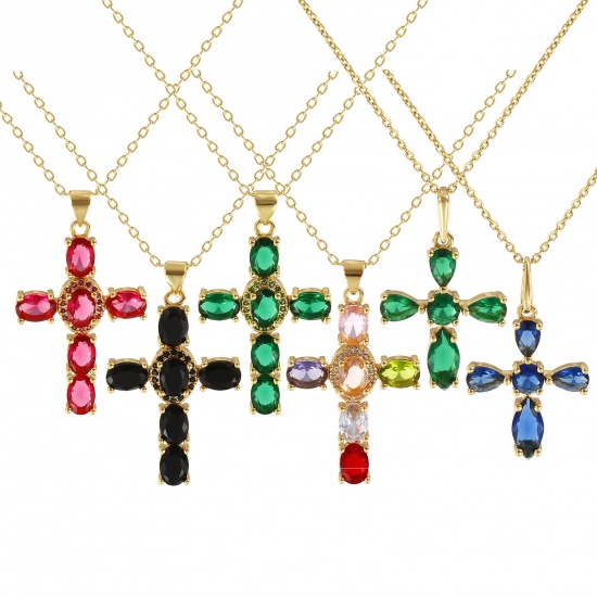 Picture of 18K Real Gold Plated Link Cable Chain Cross Pendant Charm Necklace, Brass & Cubic Zirconia 46cm(18.1") + 6cm(2.4"), For Women, Micro Pave, Retro Religious Gift, Eco-friendly, 1 Piece