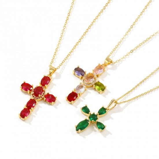 Picture of 18K Real Gold Plated Link Cable Chain Cross Pendant Charm Necklace, Brass & Cubic Zirconia 46cm(18.1") + 6cm(2.4"), For Women, Micro Pave, Retro Religious Gift, Eco-friendly, 1 Piece