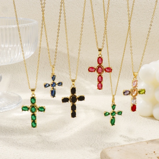Picture of 18K Real Gold Plated Link Cable Chain Cross Pendant Charm Necklace, Brass & Cubic Zirconia 46cm(18.1") + 6cm(2.4"), For Women, Micro Pave, Retro Religious Gift, Eco-friendly, 1 Piece