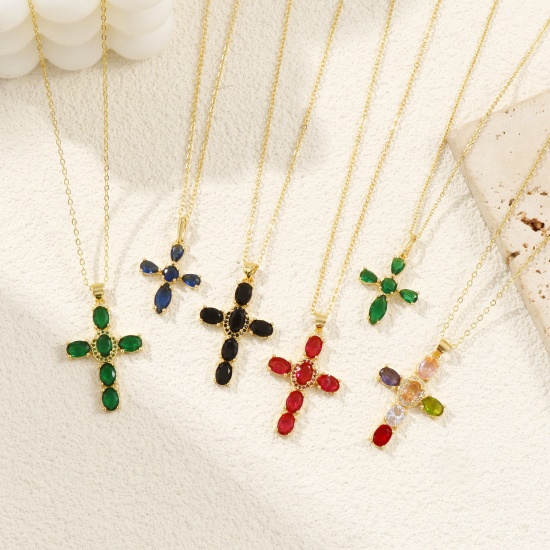 Picture of 18K Real Gold Plated Link Cable Chain Cross Pendant Charm Necklace, Brass & Cubic Zirconia 46cm(18.1") + 6cm(2.4"), For Women, Micro Pave, Retro Religious Gift, Eco-friendly, 1 Piece