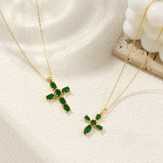Picture of 18K Real Gold Plated Link Cable Chain Cross Pendant Charm Necklace, Brass & Cubic Zirconia 46cm(18.1") + 6cm(2.4"), For Women, Micro Pave, Retro Religious Gift, Eco-friendly, 1 Piece