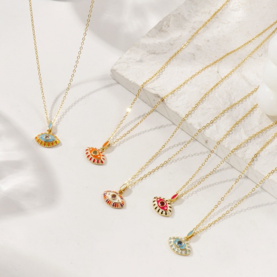 Immagine di 18K Real Gold Plated Link Cable Chain Eye Pendant Charm Necklace, Brass & Cubic Zirconia 46cm(18.1") + 6cm(2.4"), For Women, Enamel Retro Exquisite Gift, Eco-friendly, 1 Piece