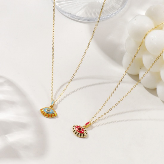 Immagine di 18K Real Gold Plated Link Cable Chain Eye Pendant Charm Necklace, Brass & Cubic Zirconia 46cm(18.1") + 6cm(2.4"), For Women, Enamel Retro Exquisite Gift, Eco-friendly, 1 Piece