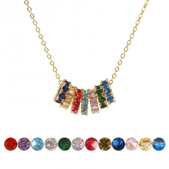 Изображение 18K Real Gold Plated Link Cable Chain Circle Ring Pendant Charm Necklace, Brass & Cubic Zirconia 46cm(18.1") + 6cm(2.4"), For Women, Dainty Birthstone Gift, Eco-friendly, 1 Piece