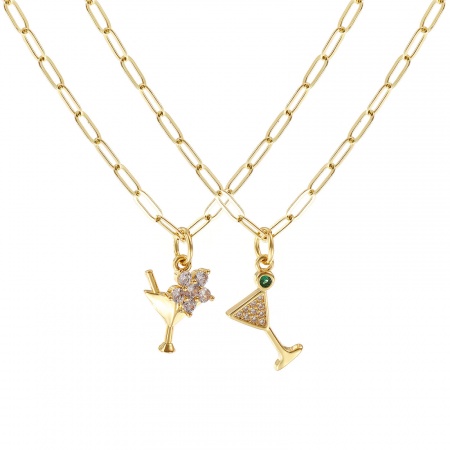 18K Real Gold Plated Paperclip Link Chain Wine Glass Pendant Charm Necklace, Brass & Cubic Zirconia 45cm(17.7") + 5cm(2"), For Women, Micro Pave, Stylish Exquisite Gift, Eco-friendly