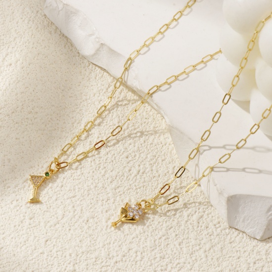Picture of 18K Real Gold Plated Paperclip Link Chain Wine Glass Pendant Charm Necklace, Brass & Cubic Zirconia 45cm(17.7") + 5cm(2"), For Women, Micro Pave, Stylish Exquisite Gift, Eco-friendly, 1 Piece