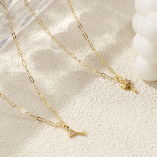 Picture of 18K Real Gold Plated Paperclip Link Chain Wine Glass Pendant Charm Necklace, Brass & Cubic Zirconia 45cm(17.7") + 5cm(2"), For Women, Micro Pave, Stylish Exquisite Gift, Eco-friendly, 1 Piece