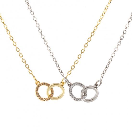 Image de Collier à Breloques Double Cercle Plaqué Or Véritable en Laiton Pour Femmes, Chaîne Maille Forçat 46cm + 5cm, à Zircone Cubique Clair Micro Pave, Exquis À la Mode Cadeau, Respectueux de la Nature, 1 Pièce