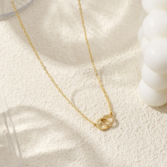 Image de Collier à Breloques Double Cercle Plaqué Or Véritable en Laiton Pour Femmes, Chaîne Maille Forçat 46cm + 5cm, à Zircone Cubique Clair Micro Pave, Exquis À la Mode Cadeau, Respectueux de la Nature, 1 Pièce