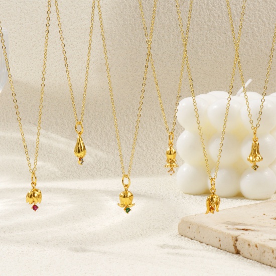 Изображение 18K Real Gold Plated Link Cable Chain Flower Pendant Charm Necklace, Brass & Cubic Zirconia 46cm(18.1") + 6cm(2.4"), For Women, Birthstone Elegant Gift, Eco-friendly