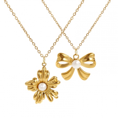 Picture of Wholesale White Pendant Charm Necklace, 18K Real Gold Plated 304 Stainless Steel & Natural Pearl Link Cable Chain, Women's Eco-friendly PVD Vacuum Plating Exquisite Stylish Gift Jewelry For Retailer, 45cm(17.7") + 5cm(2") long, 1 Piece