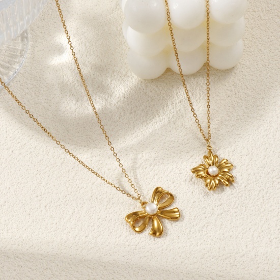 Изображение 18K Real Gold Plated Link Cable Chain Pendant Charm Necklace, 304 Stainless Steel & Natural Pearl 45cm(17.7") + 5cm(2"), For Women, White Exquisite Stylish Gift, Eco-friendly PVD Vacuum Plating