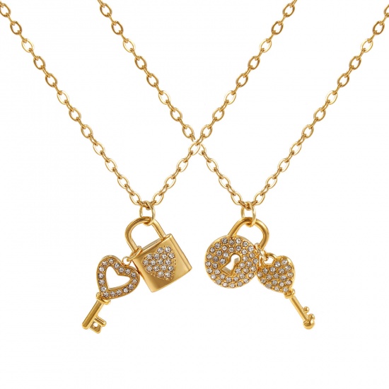 Изображение 18K Real Gold Plated Link Cable Chain Lovers Lock & Key Pendant Charm Necklace, 304 Stainless Steel 45cm(17.7") + 5cm(2"), For Women, Clear Cubic Zirconia Micro Pave, Valentine's Day Stylish Gift, Eco-friendly PVD Vacuum Plating, 1 Piece