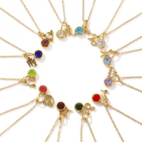Image de 18K Real Gold Plated Link Cable Chain Zodiac Constellation Pendant Charm Necklace, 304 Stainless Steel & Rhinestone 45cm(17.7") + 5cm(2"), For Women, Birthstone Retro Gift, Eco-friendly PVD Vacuum Plating, 1 Piece