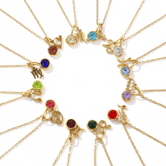 Picture of 18K Real Gold Plated Link Cable Chain Zodiac Constellation Pendant Charm Necklace, 304 Stainless Steel & Rhinestone 45cm(17.7") + 5cm(2"), For Women, Birthstone Retro Gift, Eco-friendly PVD Vacuum Plating