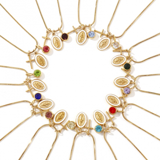 Imagen de 18K Real Gold Plated Square Snake Chain Cross Pendant Charm Necklace, 304 Stainless Steel & Rhinestone 45cm(17.7") + 5cm(2"), For Women, Jesus White Enamel Birthstone Retro Gift, Eco-friendly PVD Vacuum Plating, 1 Piece