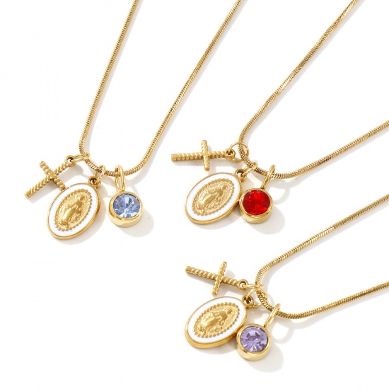 Imagen de 18K Real Gold Plated Square Snake Chain Cross Pendant Charm Necklace, 304 Stainless Steel & Rhinestone 45cm(17.7") + 5cm(2"), For Women, Jesus White Enamel Birthstone Retro Gift, Eco-friendly PVD Vacuum Plating, 1 Piece