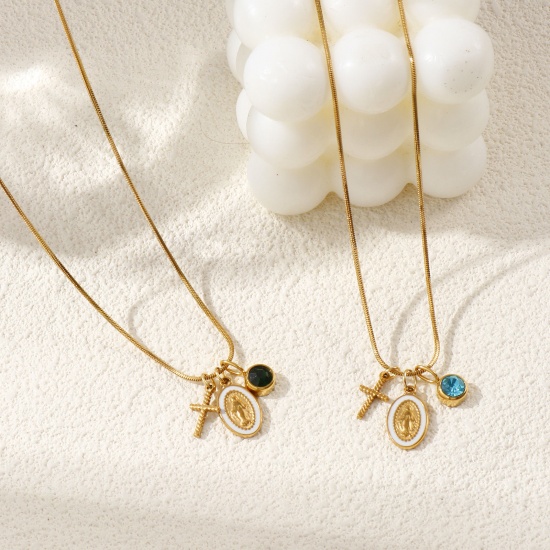 Imagen de 18K Real Gold Plated Square Snake Chain Cross Pendant Charm Necklace, 304 Stainless Steel & Rhinestone 45cm(17.7") + 5cm(2"), For Women, Jesus White Enamel Birthstone Retro Gift, Eco-friendly PVD Vacuum Plating, 1 Piece