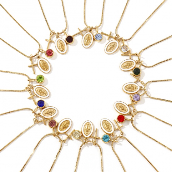 Picture of Wholesale Cross Jesus White Enamel Birthstone Pendant Charm Necklace, 18K Real Gold Plated 304 Stainless Steel Square Snake Chain, Women's Eco-friendly PVD Vacuum Plating Religious Retro Gift Jewelry For Retailer, 45cm(17.7") + 5cm(2") long, 1 Piece