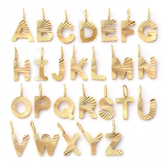 Imagen de 2 PCs Eco-friendly PVD Vacuum Plating 304 Stainless Steel Capital Alphabet Initial Letter Name Charms 18K Real Gold Plated Stripe Message " A-Z "