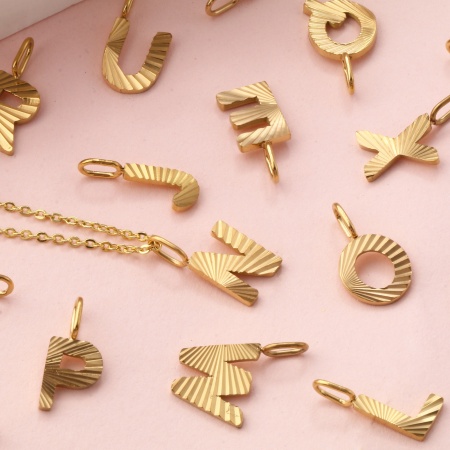 Picture of Eco-friendly PVD Vacuum Plating 304 Stainless Steel Capital Alphabet Initial Letter Name Charms 18K Real Gold Plated Stripe Message " A-Z "