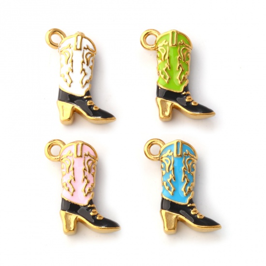 Image de 1 Pièce Breloques en 304 Acier Inoxydable Revêtement sous Vide PVD Respectueux de l'Environnement Cowboy de l'Ouest Plaqué Or 18K Émail Bottes 3D 19mm x 14mm