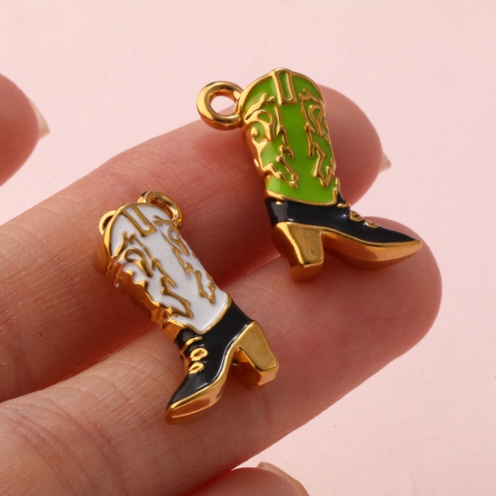 Image de 1 Pièce Breloques en 304 Acier Inoxydable Revêtement sous Vide PVD Respectueux de l'Environnement Cowboy de l'Ouest Plaqué Or 18K Émail Bottes 3D 19mm x 14mm